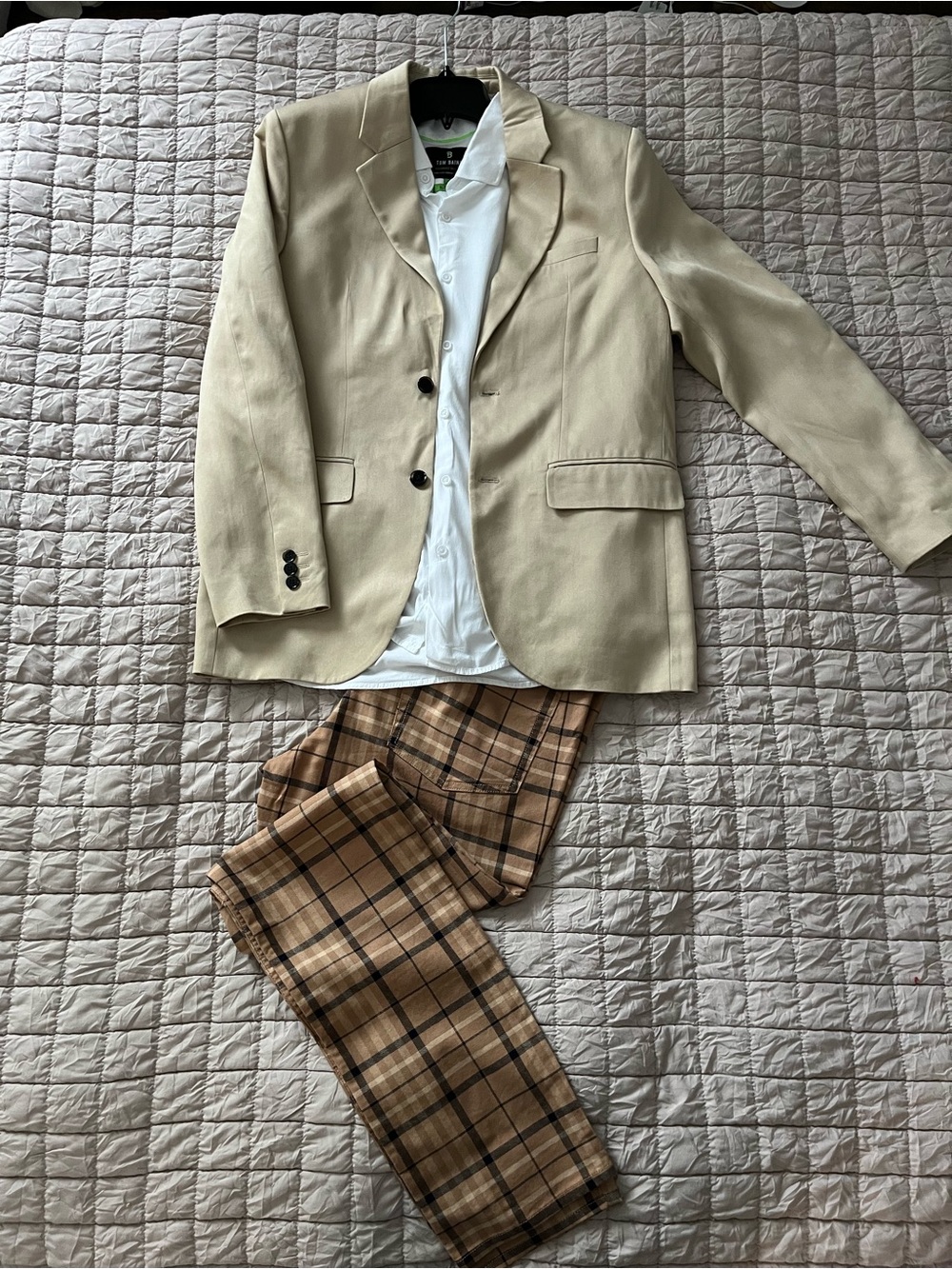 Men’s Beige Blazer Outfit Bundle Plaid Pants Shirt M/L